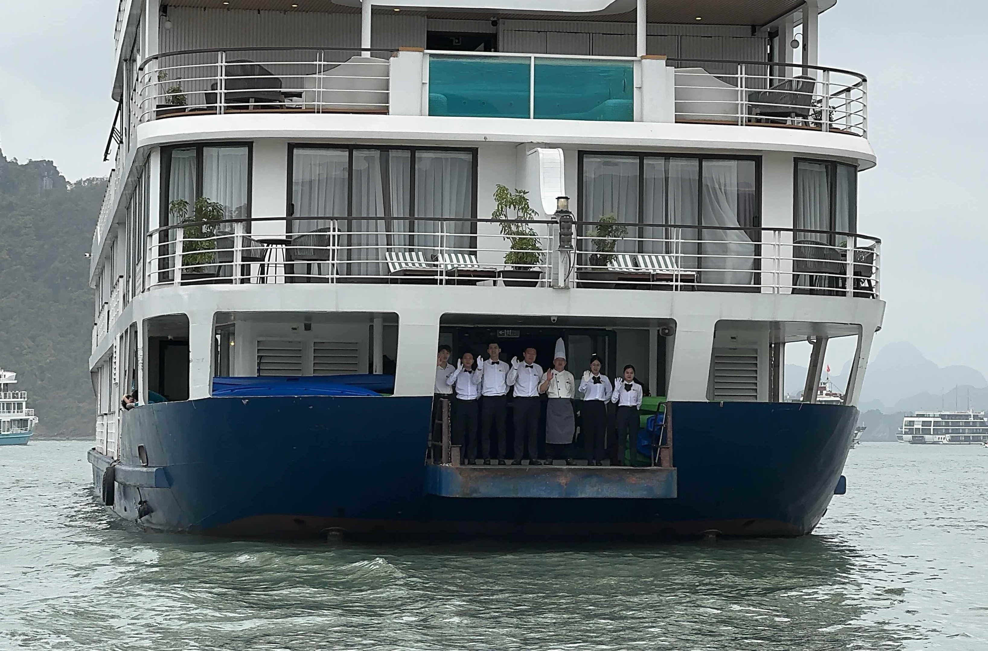 Staff welcoming us to the boat in Ha Long Bay