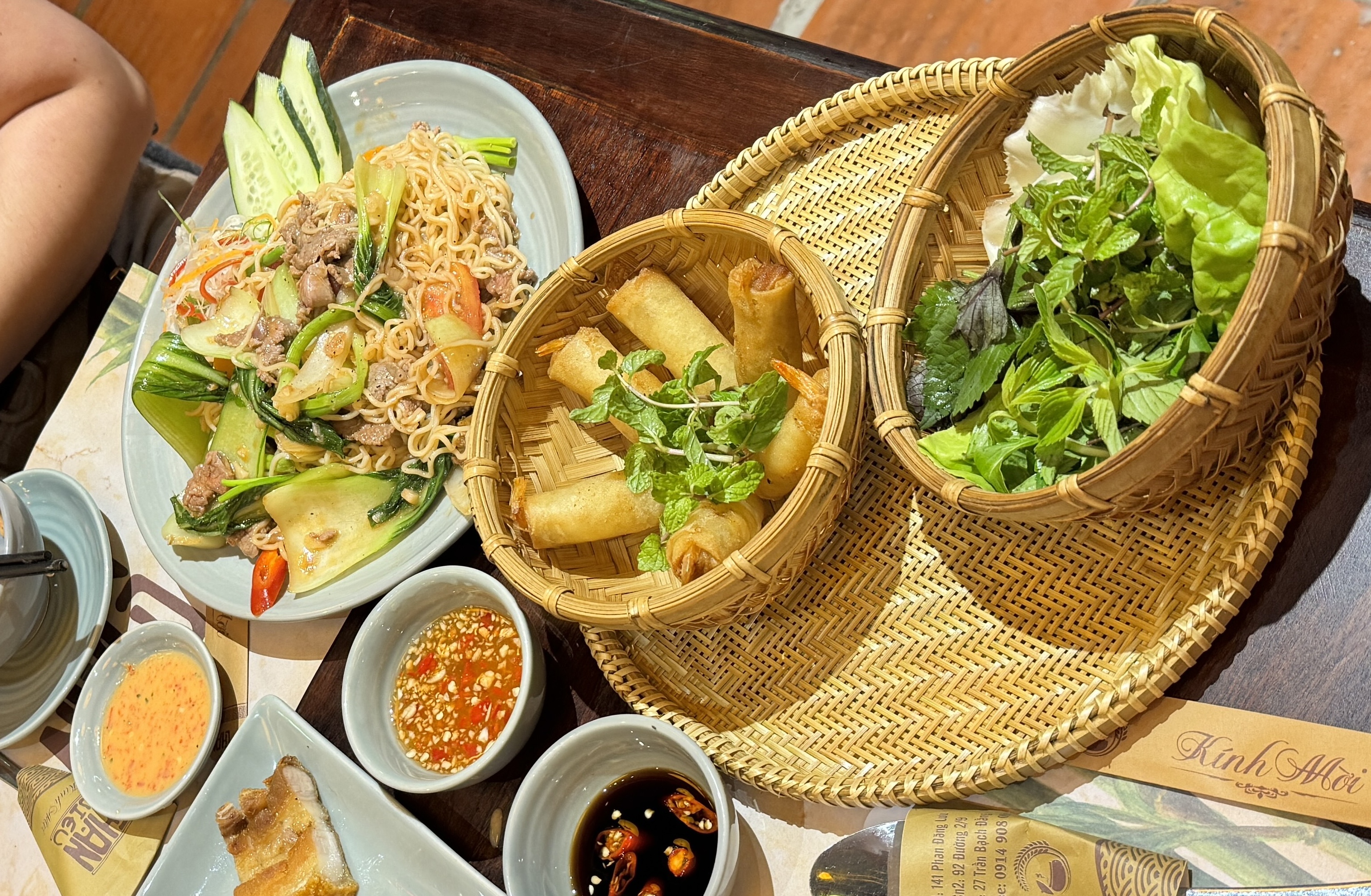 A spread of traditional Vietnamese dishes on a table