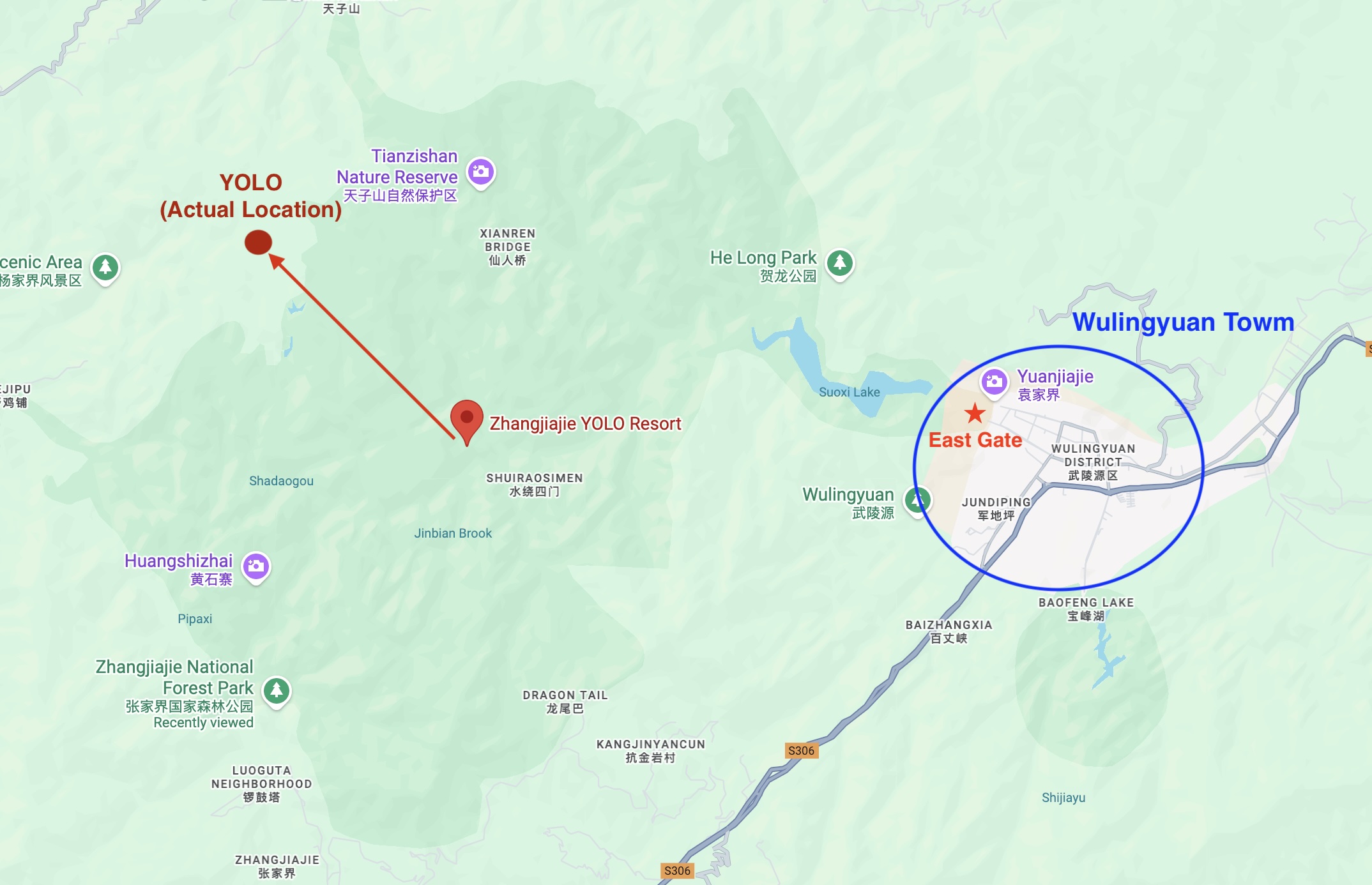 map of YOLO hostel and Wulingyuan Towm
